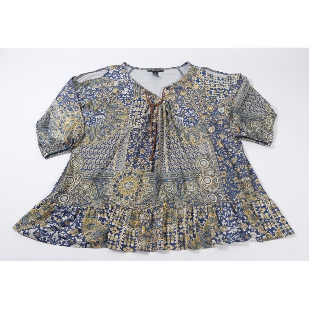Style & Co Blouse Womens PL Blue Paisley Cold Shoulder Peplum Tassel Top Boho